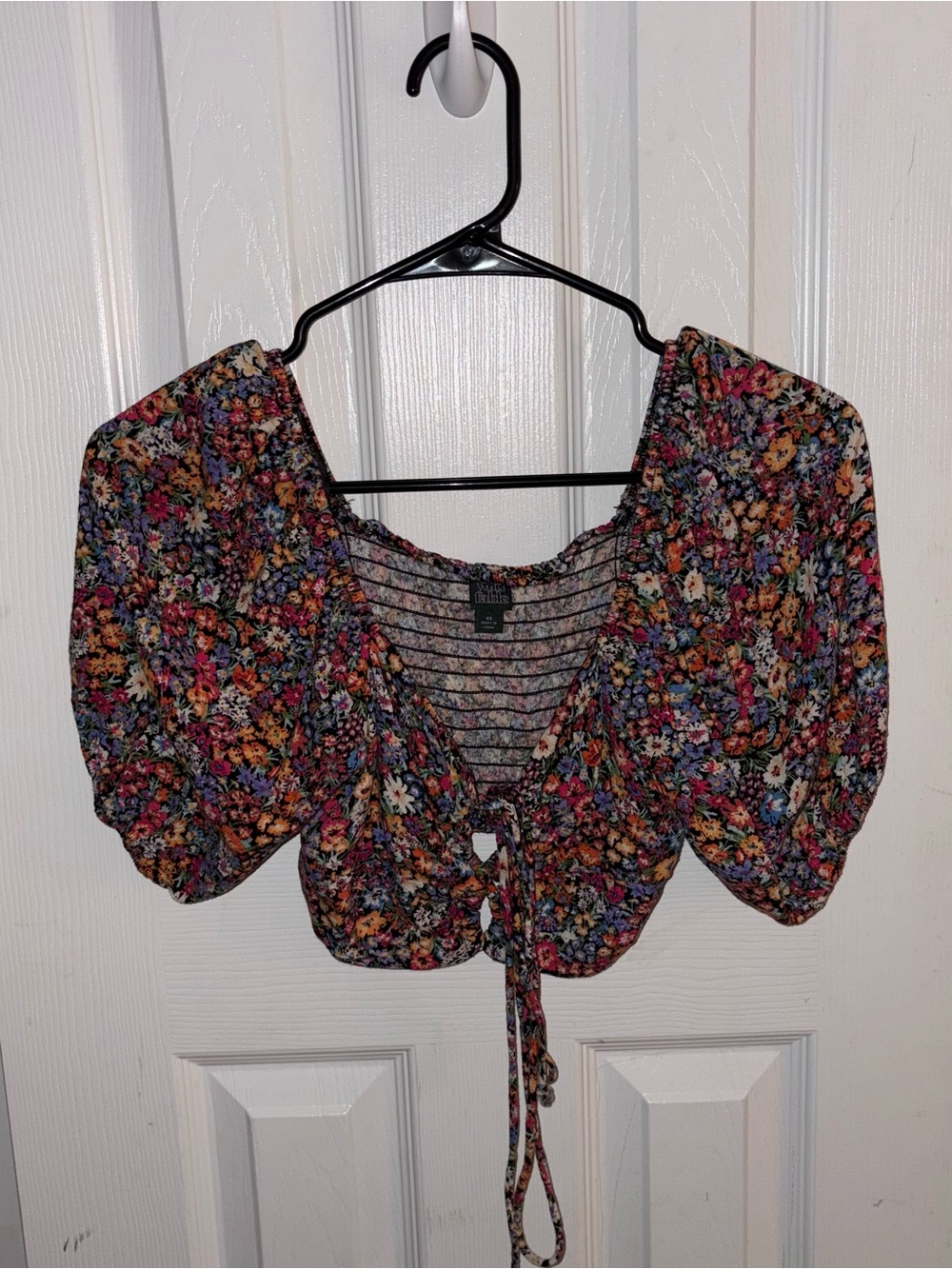 Wild Fable Floral Tie-Front Puff Sleeve Crop Top - Multicolor